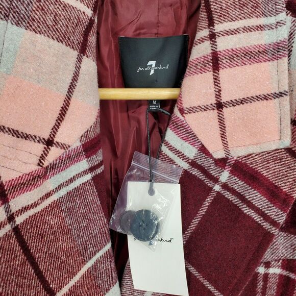 New 7 For All Mankind Double Breasted Pea Coat Pink Plaid Wool Blend Size Medium - Picture 3 of 4
